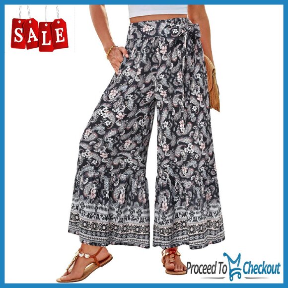 Women's Wide Leg Palazzo Pants Elastic High Waist Flowy Beach - Picture 1 of 7
